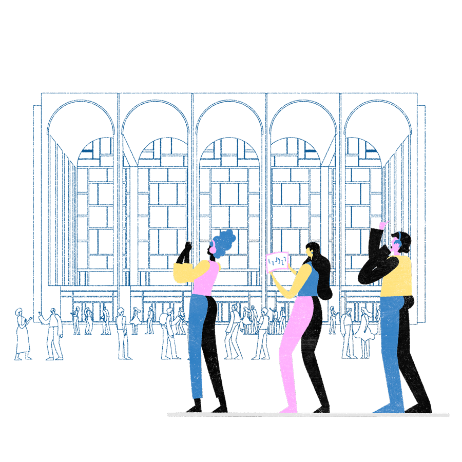 illustration depicting students outside of a concert hall