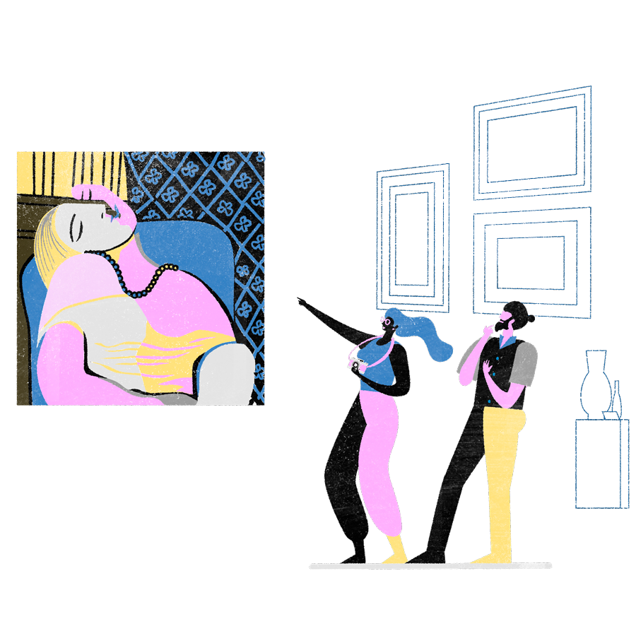 illustration depicting two people viewing a painting
