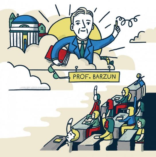 Illustration of Prof. Barzun teaching a class as mentioned in a Core Story.