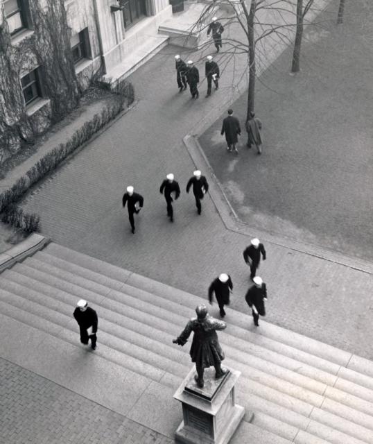 Military personnel on steps of Hamilton Hall.