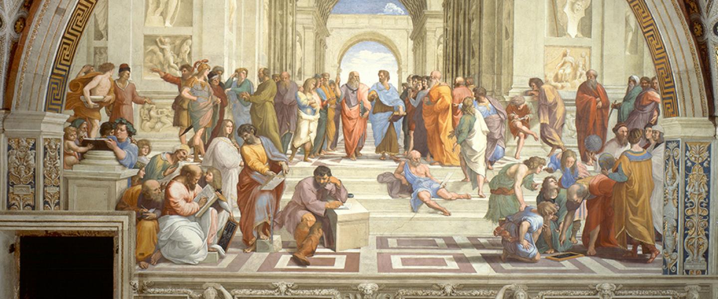 Image of Raphael's painting "The School of Athens" featuring Plato and Aristotle