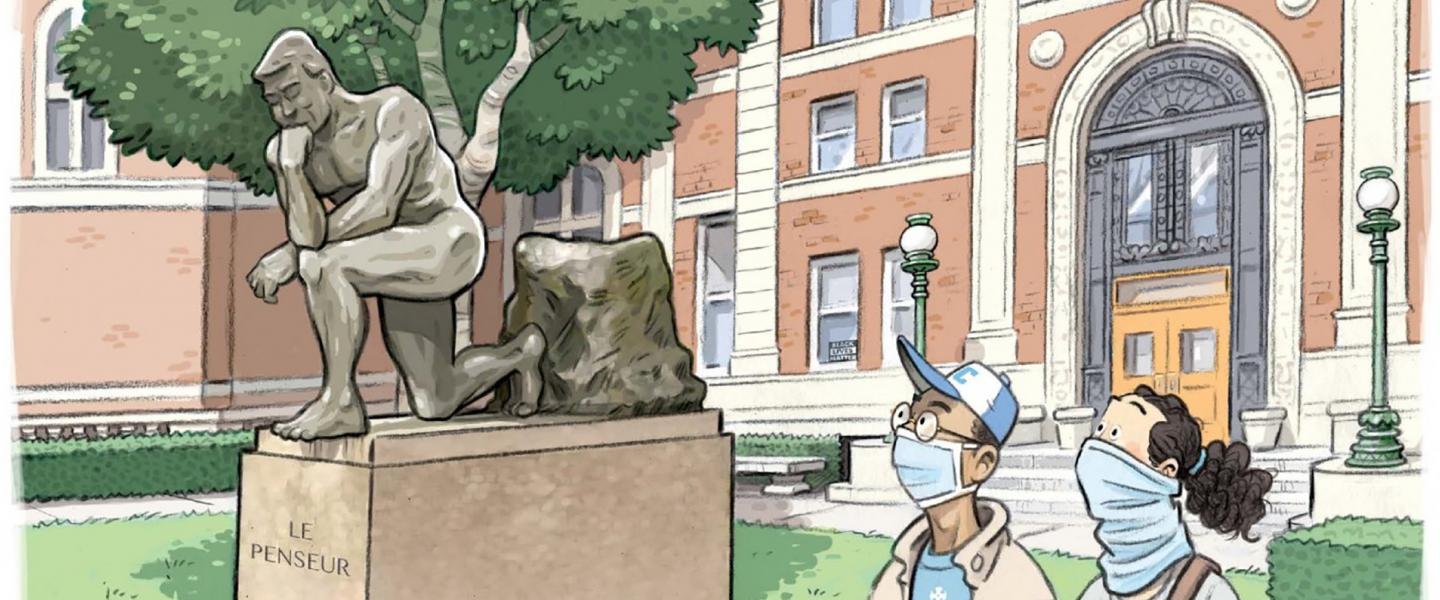 Cartoon of the Thinker statue.